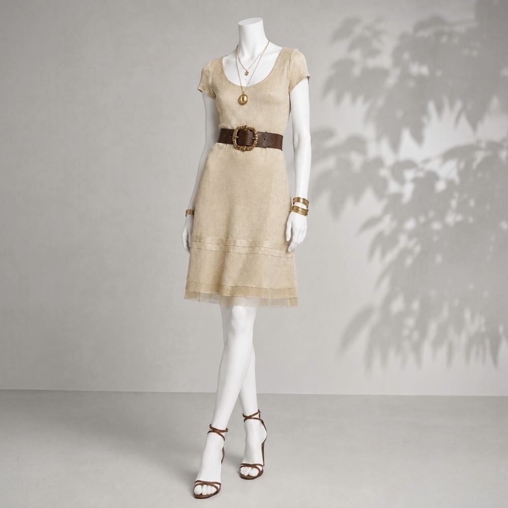 ST JOHN Gold Metallic Dress 8 Stretch Knit A-Line Quiet Luxury Wedding Guest - Picture 11 of 15